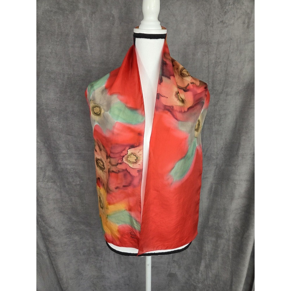 Gorgeous Hand Painted‎ Scarf Artsy Art To Wear Silk 10x56 Gorgeous Unique Red